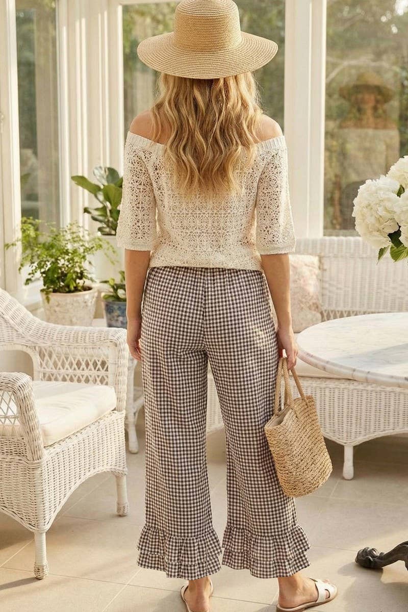 Gingham Casual Ruffled Hem 100%Cotton Cropped Pants VP83379A: Brown / L