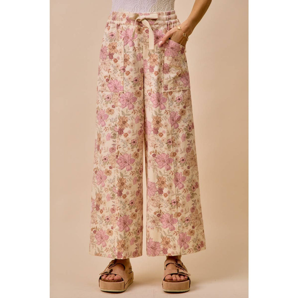 FLORAL COTTON TWILL ELASTICIZED WAIST WIDE PANTS: BLUSH PINK