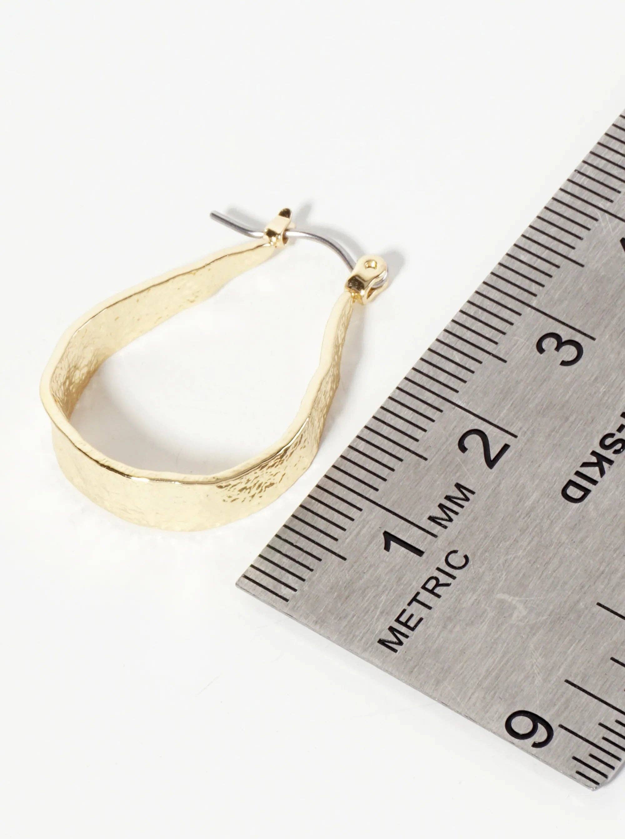 28mm 14K-Gold-Dipped Shimmer-Texture Tapered Teardrop Latch-Back Hoop Earrings: Gold