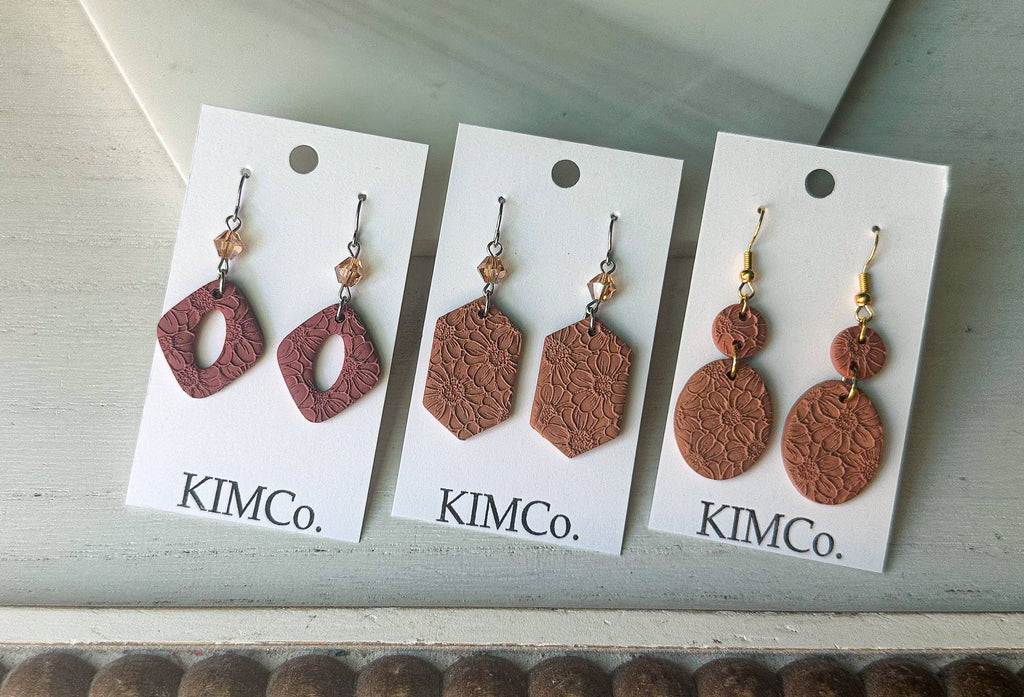 Polymer Clay Earrings-Valentines/Everyday-Embossed Floral: Driftwood Grey Circle / Stainless Steel Fishhook