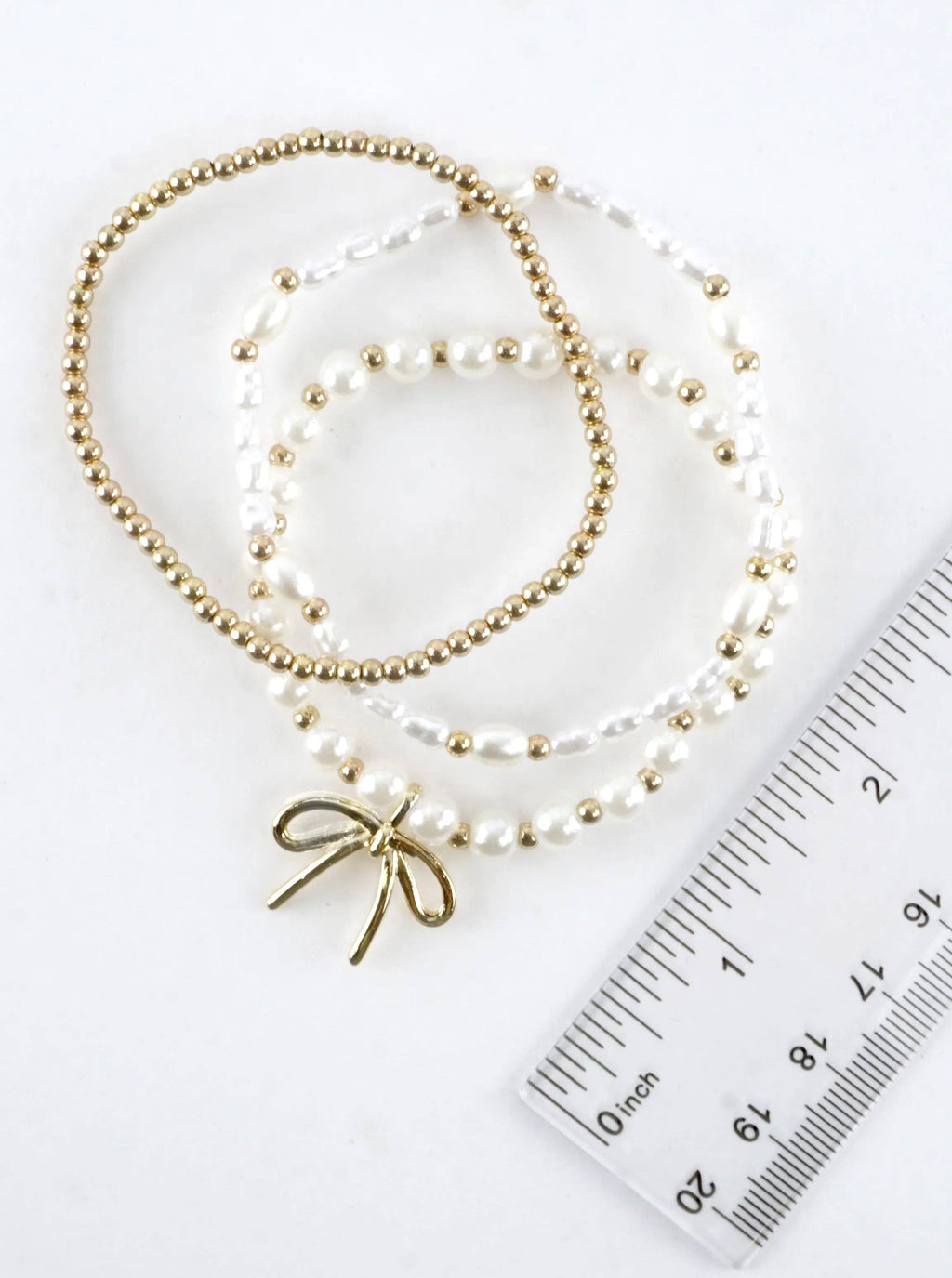 3 PC Set Pearl Ribbon Charm Bracelets: Gold