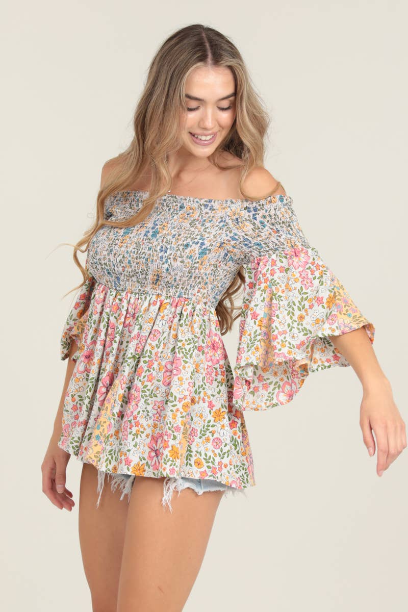 TWIN PRINT GODET SMOCKED OFF SHOULDER BELL SLEEVE