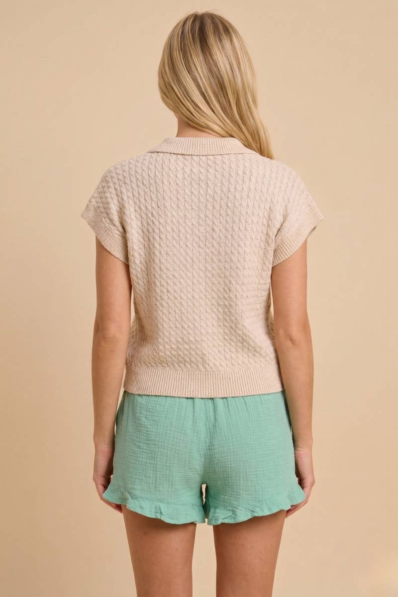 CABLE KNIT SHORT SLEEVE V NECK COLLARD SWEATER TOP: Beige
