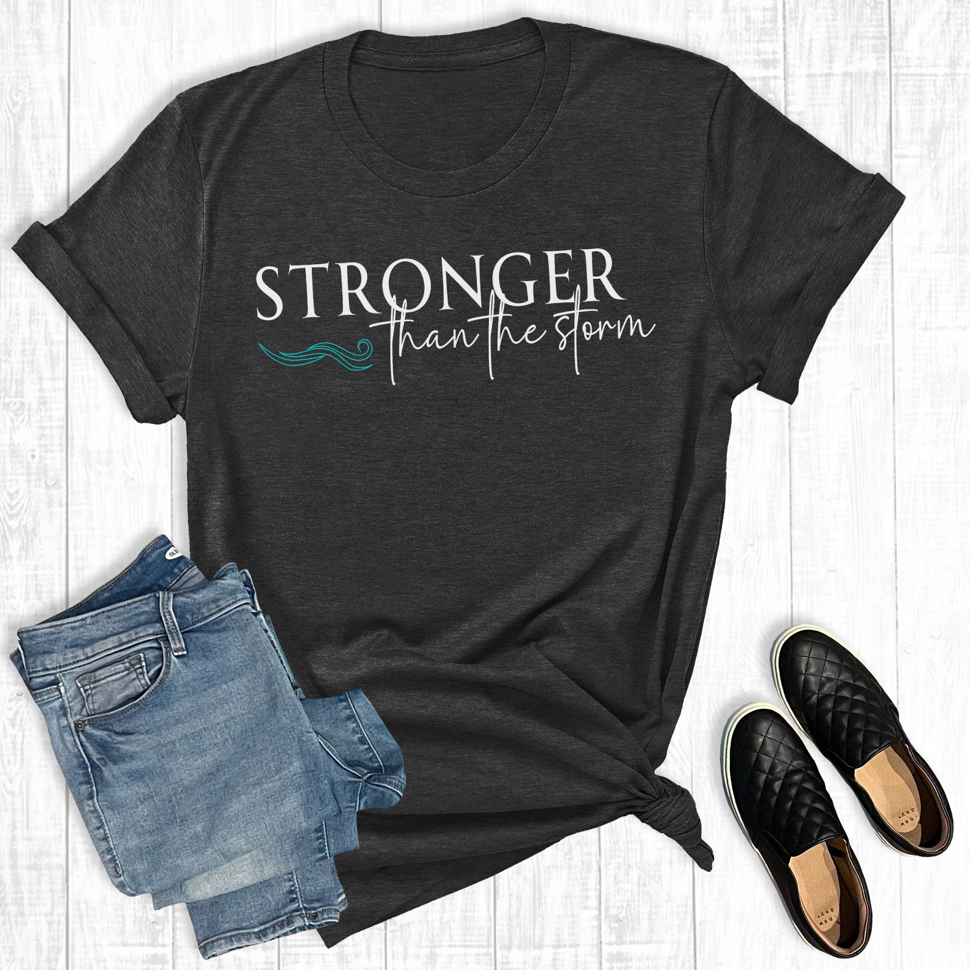 Faith Stronger Than The Storm Graphic Tee: Charcoal / Short Sleeve