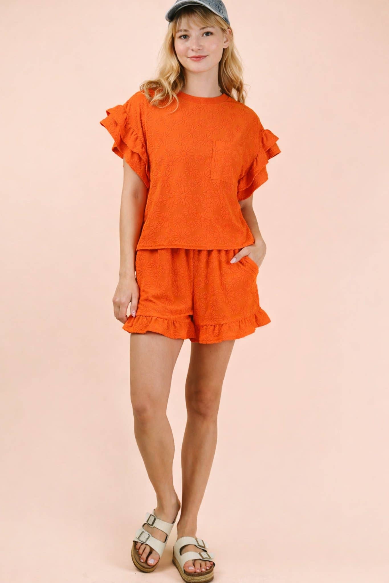 NEW IN — Floral Textured Ruffled Knit Top & Shorts Set: Orange