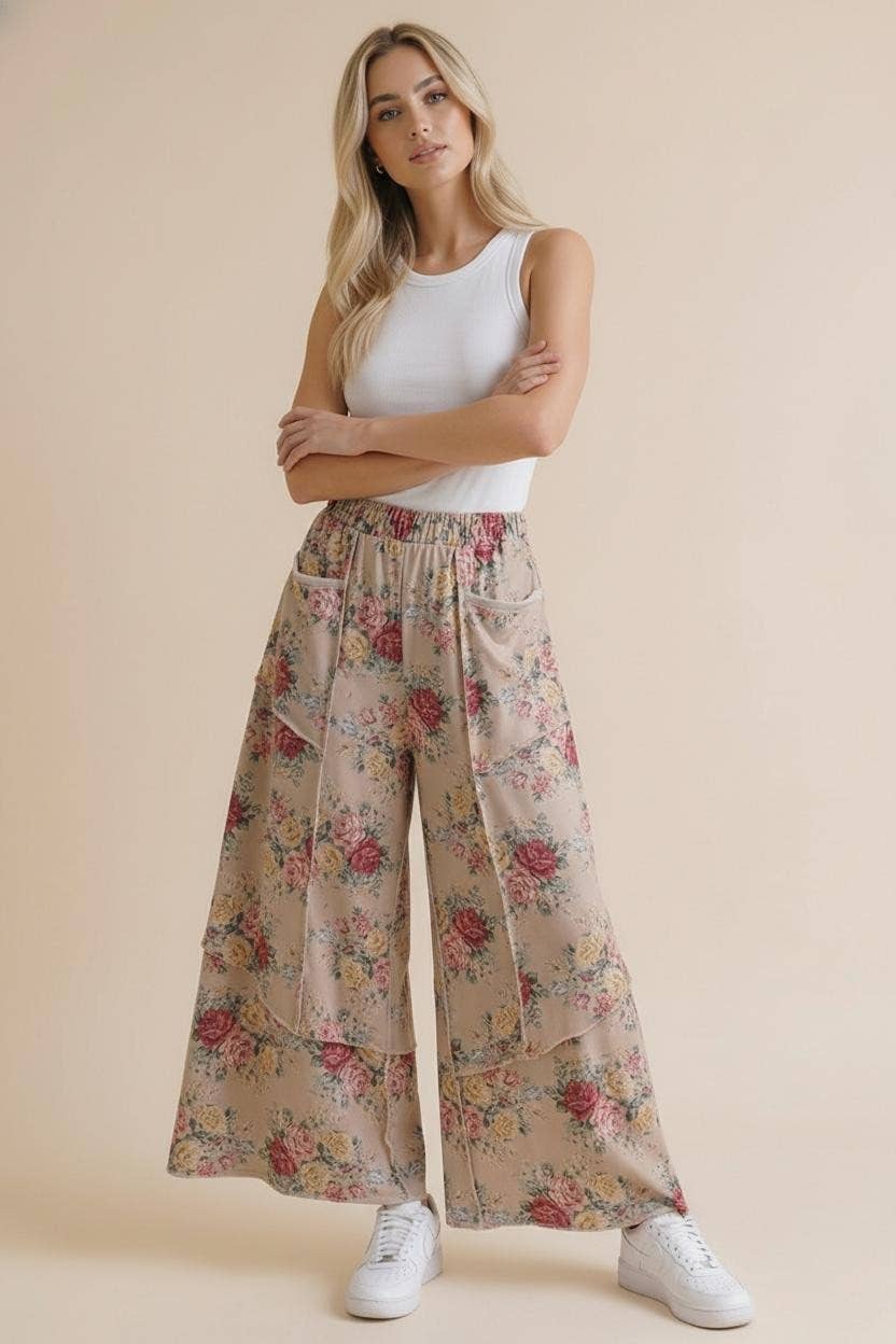 Elastic Waist Wide Leg Vintage Floral Pant: Oatmeal