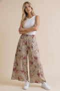 Elastic Waist Wide Leg Vintage Floral Pant: Oatmeal