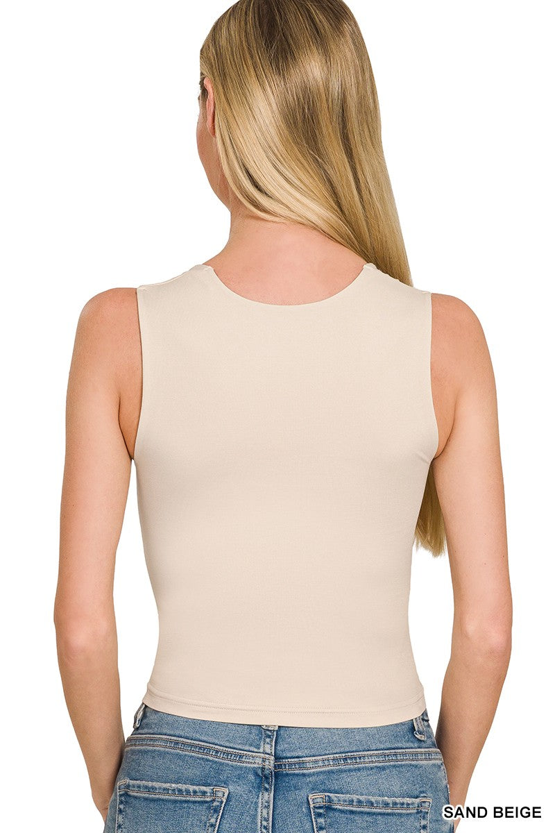 Seamless Double Layered Square Neck Tank Top: Sand Beige