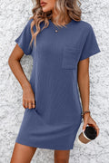 Striped Ribbed Short Sleeve Dress - Blue