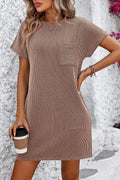 Striped Ribbed Short Sleeve Dress - Light Brown