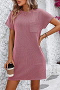 Striped Ribbed Short Sleeve Dress - Pink