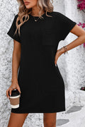 Striped Ribbed Short Sleeve Dress - Black