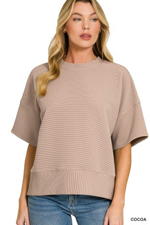 Ribbed Round Neck Waist Banded Shirt - Cocoa