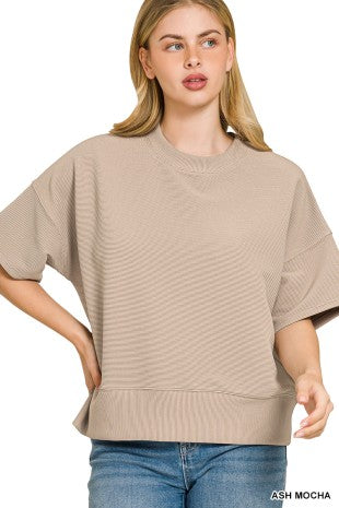 Ribbed Round Neck Waist Banded Shirt - Ash Mocha