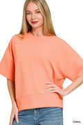 Ribbed Round Neck Waist Banded Shirt - Coral