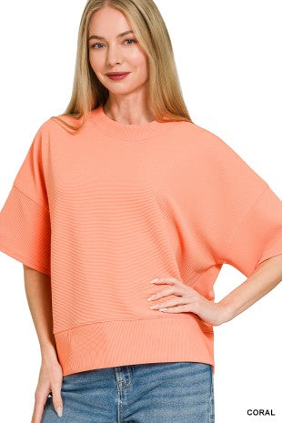 Ribbed Round Neck Waist Banded Shirt - Coral