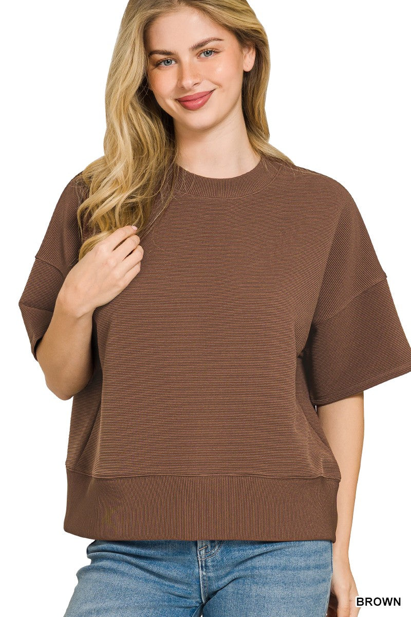 Ribbed Round Neck Waist Banded Shirt - Chocolate