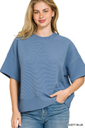 Ribbed Round Neck Waist Banded Shirt - Dusty Blue