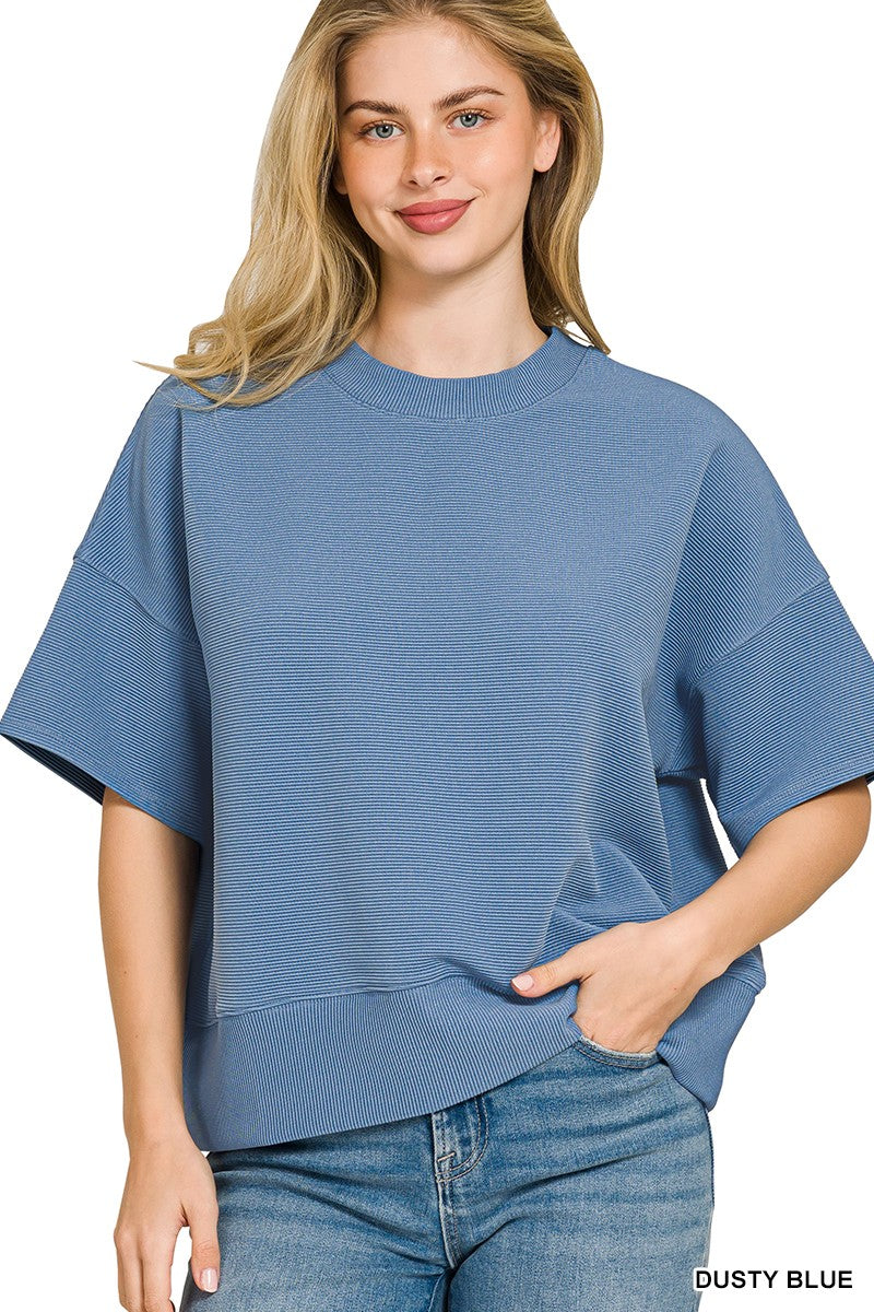 Ribbed Round Neck Waist Banded Shirt - Dusty Blue