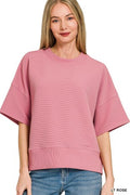 Ribbed Round Neck Waist Banded Shirt - Lt Rose
