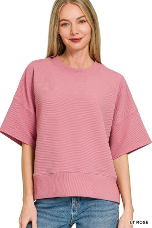 Ribbed Round Neck Waist Banded Shirt - Lt Rose