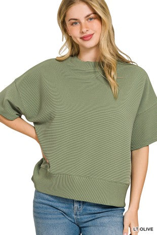 Ribbed Round Neck Waist Banded Shirt - Lt Olive