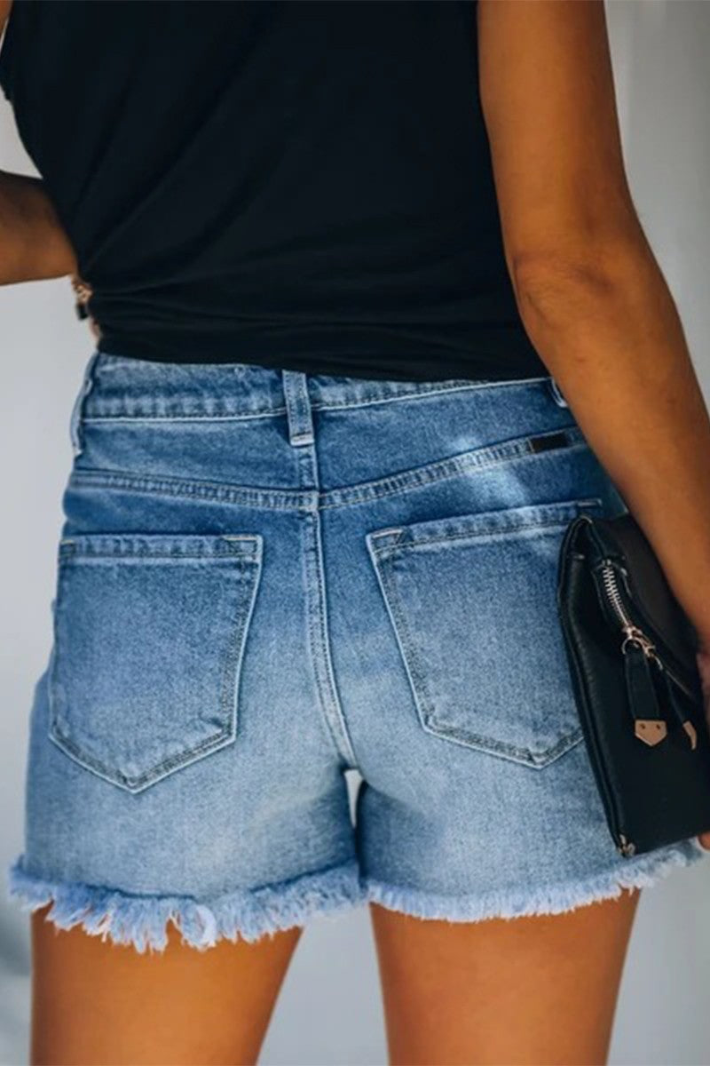 High-rise Ripped Stretch Denim Shorts - Light Blue