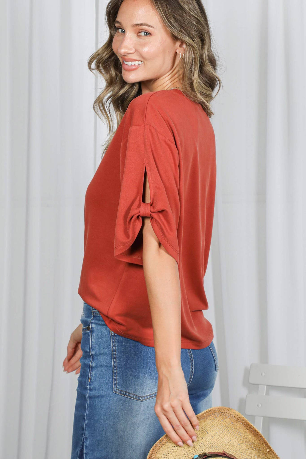 Tie Accent Sleeve Soft Casual T-Shirt Top: Rust