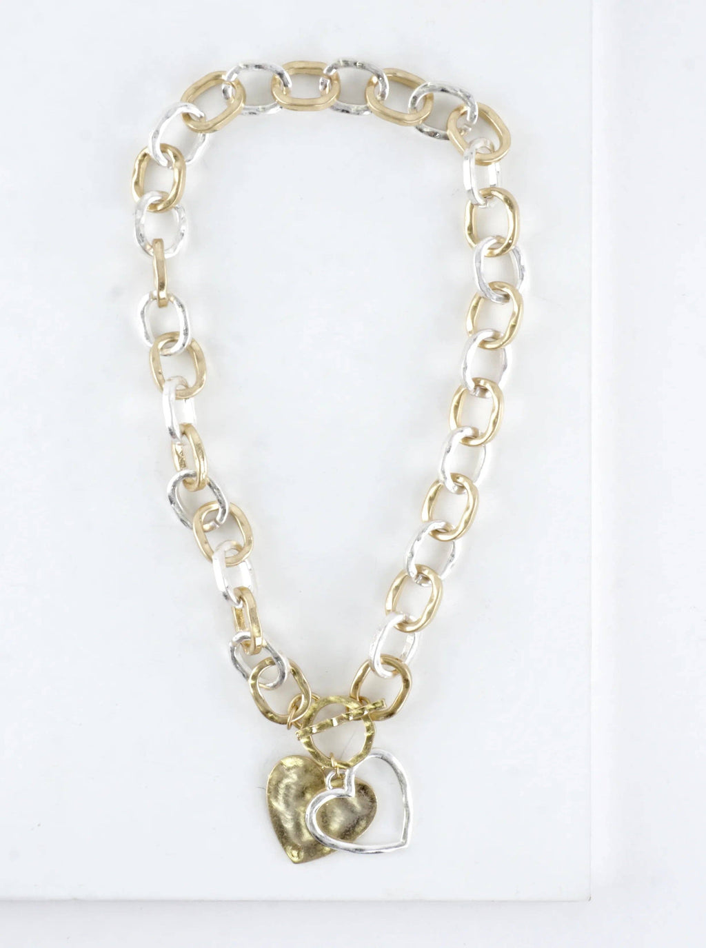 Chunky Hammered Chain Two Hearts Toggle Necklace: Worn Gold Silver