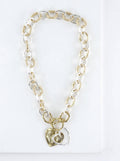 Chunky Hammered Chain Two Hearts Toggle Necklace: Worn Gold Silver