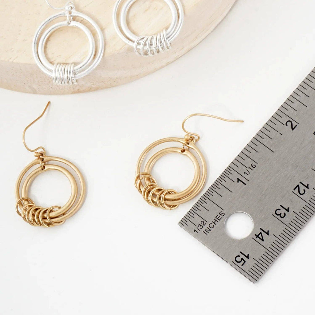 O-Ring Linked Double Circle Drop Earrings: Worn Gold