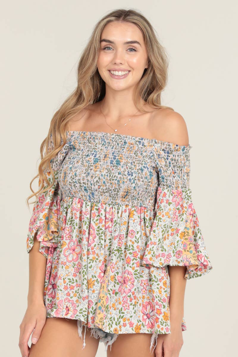 TWIN PRINT GODET SMOCKED OFF SHOULDER BELL SLEEVE