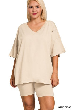 Cotton V-neck Top & Biker Shorts Set: Sand Beige