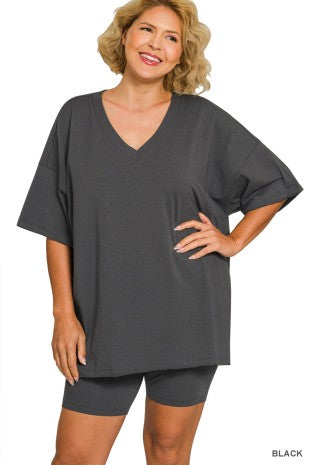 Cotton V-neck Top & Biker Shorts Set: Black