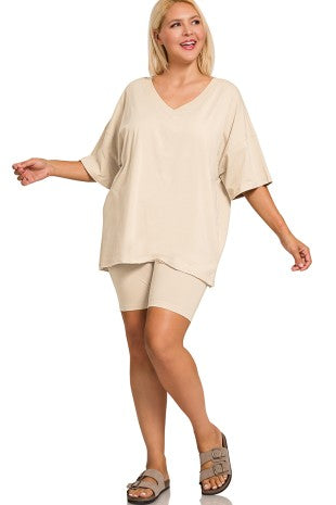 Cotton V-neck Top & Biker Shorts Set: Sand Beige