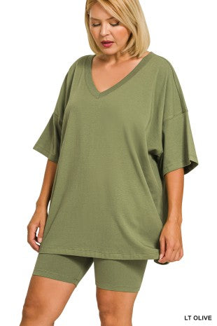 Cotton V-neck Top & Biker Shorts Set: Lt Olive