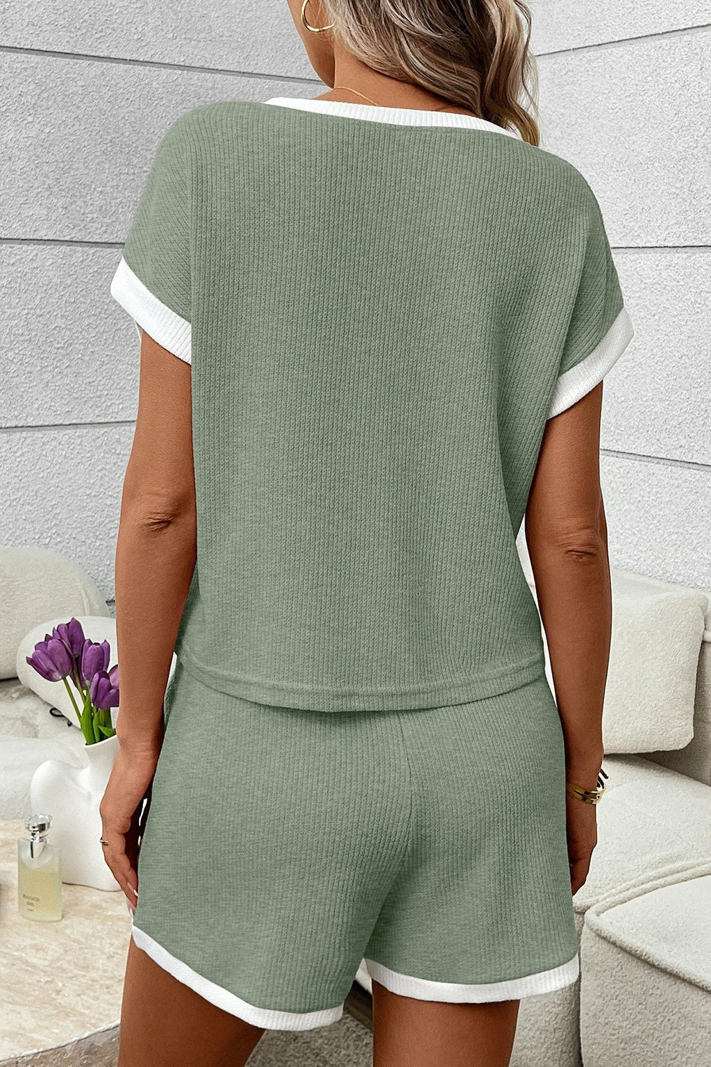 Contrast Trim Short Sleeve Top And Shorts Set: Green