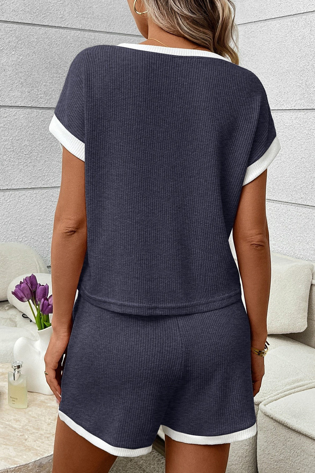 Contrast Trim Short Sleeve Top And Shorts Set: Navy Blue