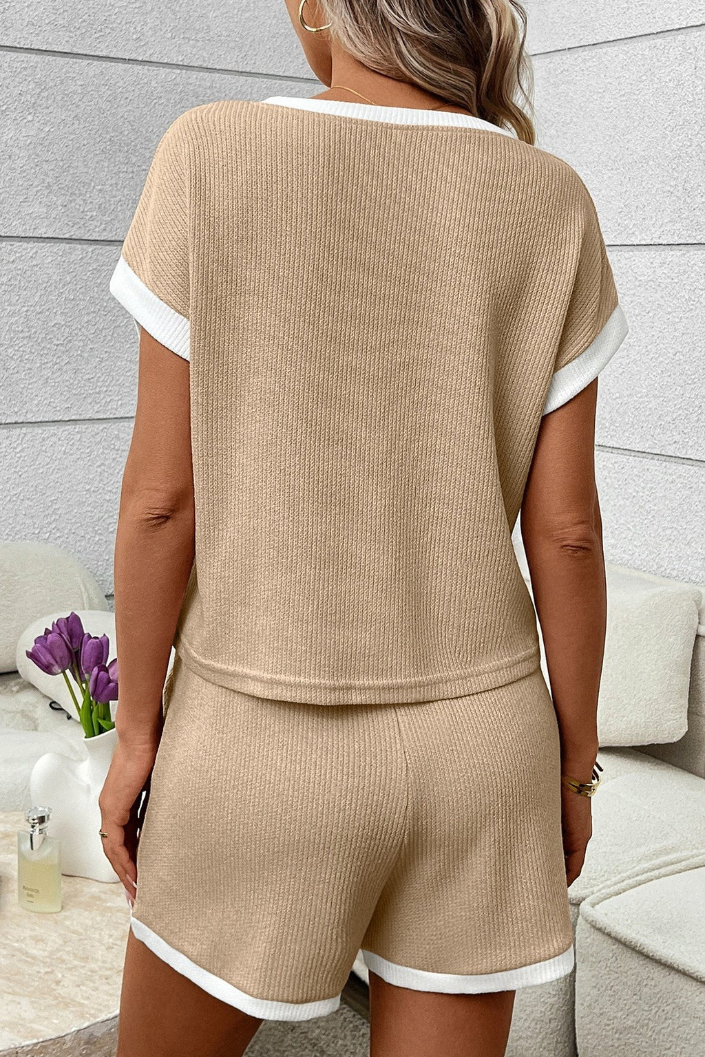 Contrast Trim Short Sleeve Top And Shorts Set: Khaki