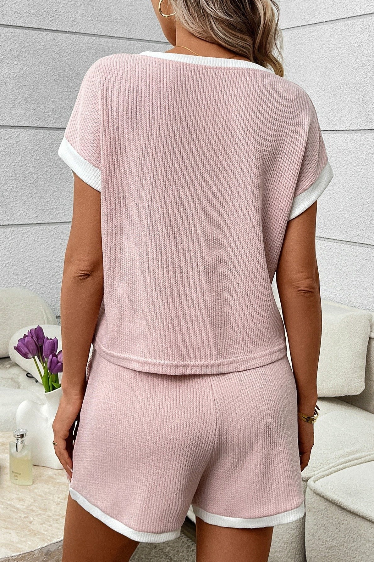 Contrast Trim Short Sleeve Top And Shorts Set: Pink