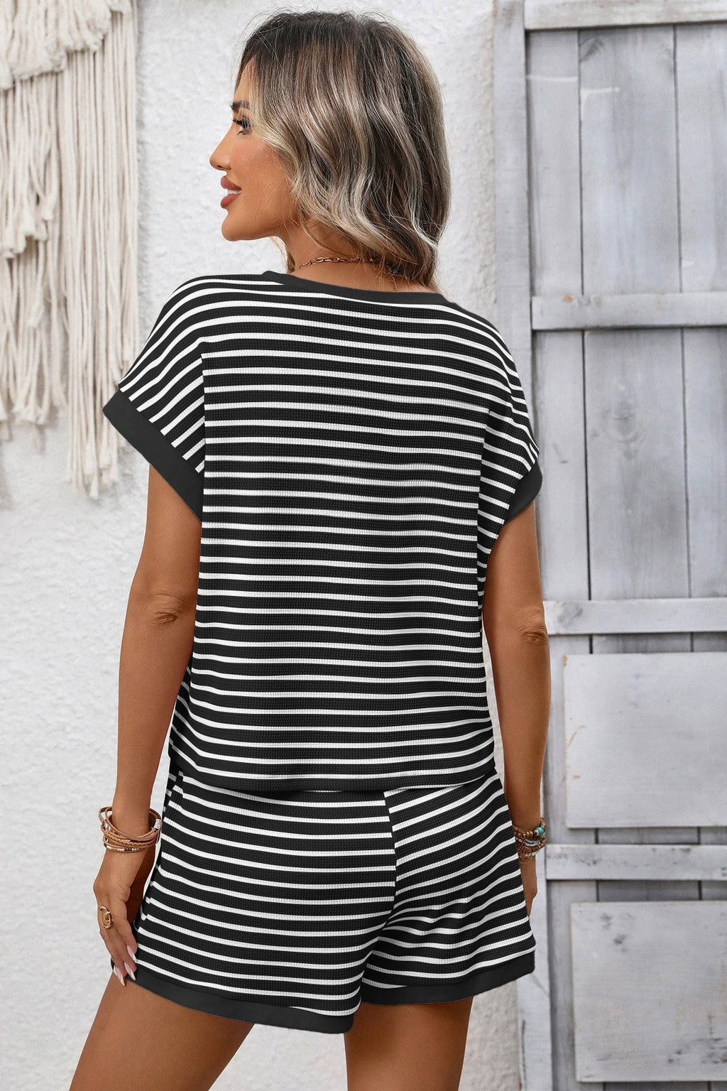 Striped Short Sleeve Top & Shorts Lounge Set: Black