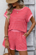 Striped Short Sleeve Top & Shorts Lounge Set: Dark Pink