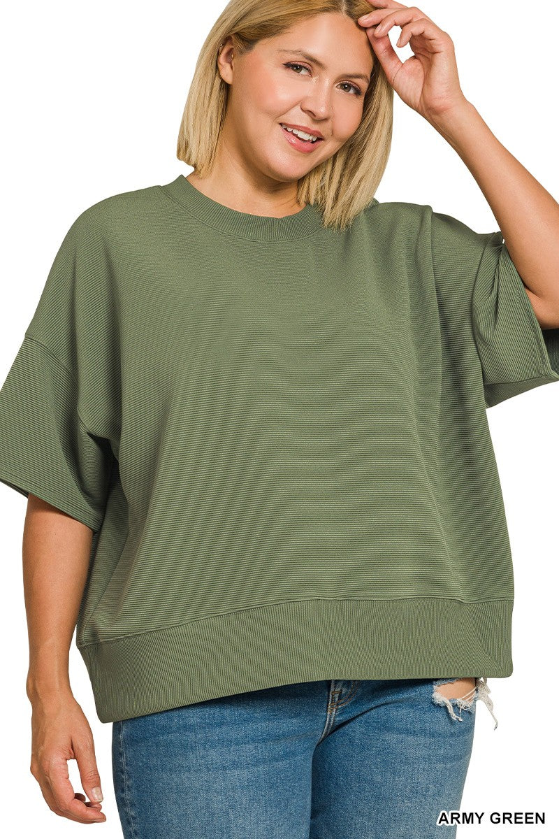 Ribbed Round Neck Waist Banded Shirt - Army Green
