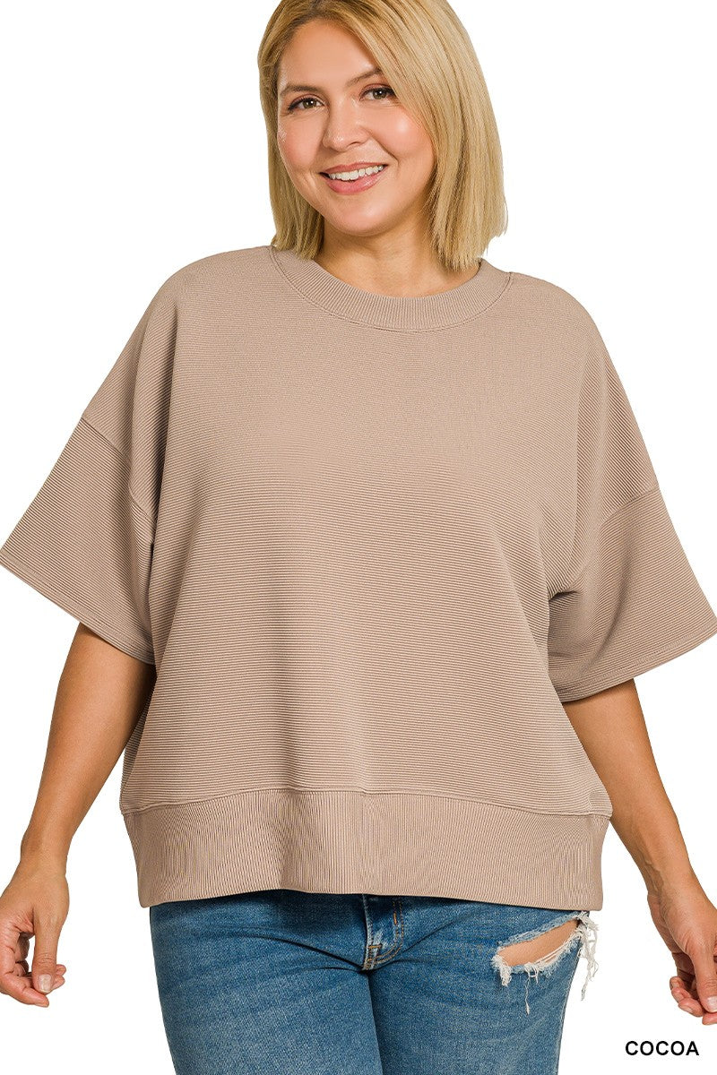 Ribbed Round Neck Waist Banded Shirt - Cocoa