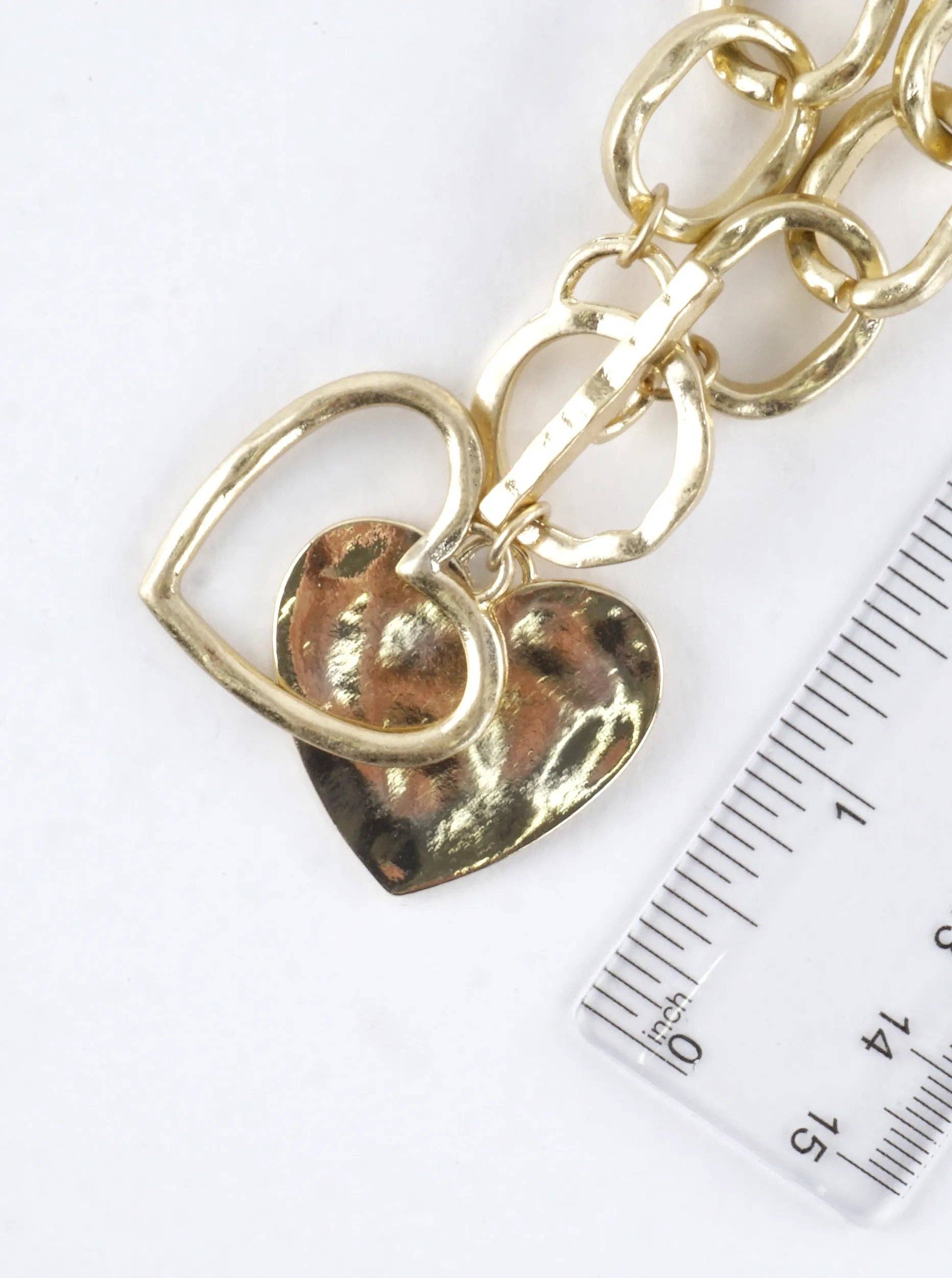 Chunky Hammered Chain Two Hearts Toggle Necklace: Worn Gold Gold