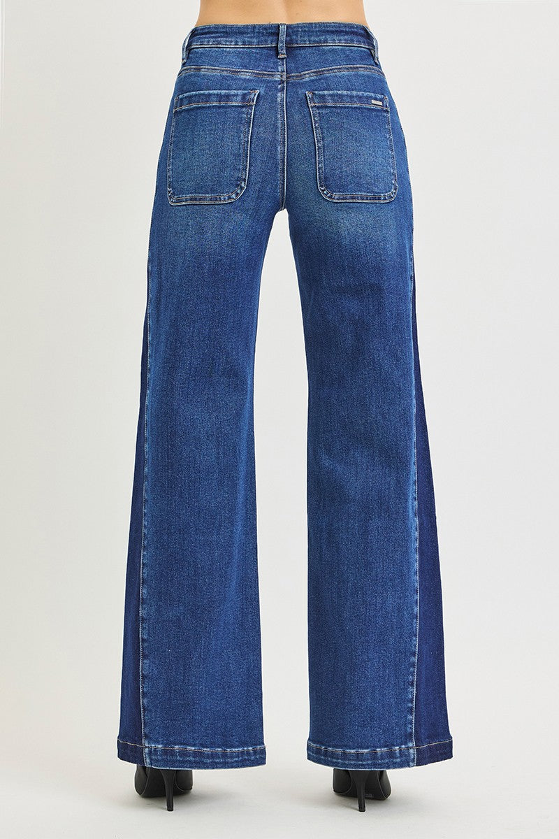 High Rise Wide Leg Contrast Side Panel Jeans