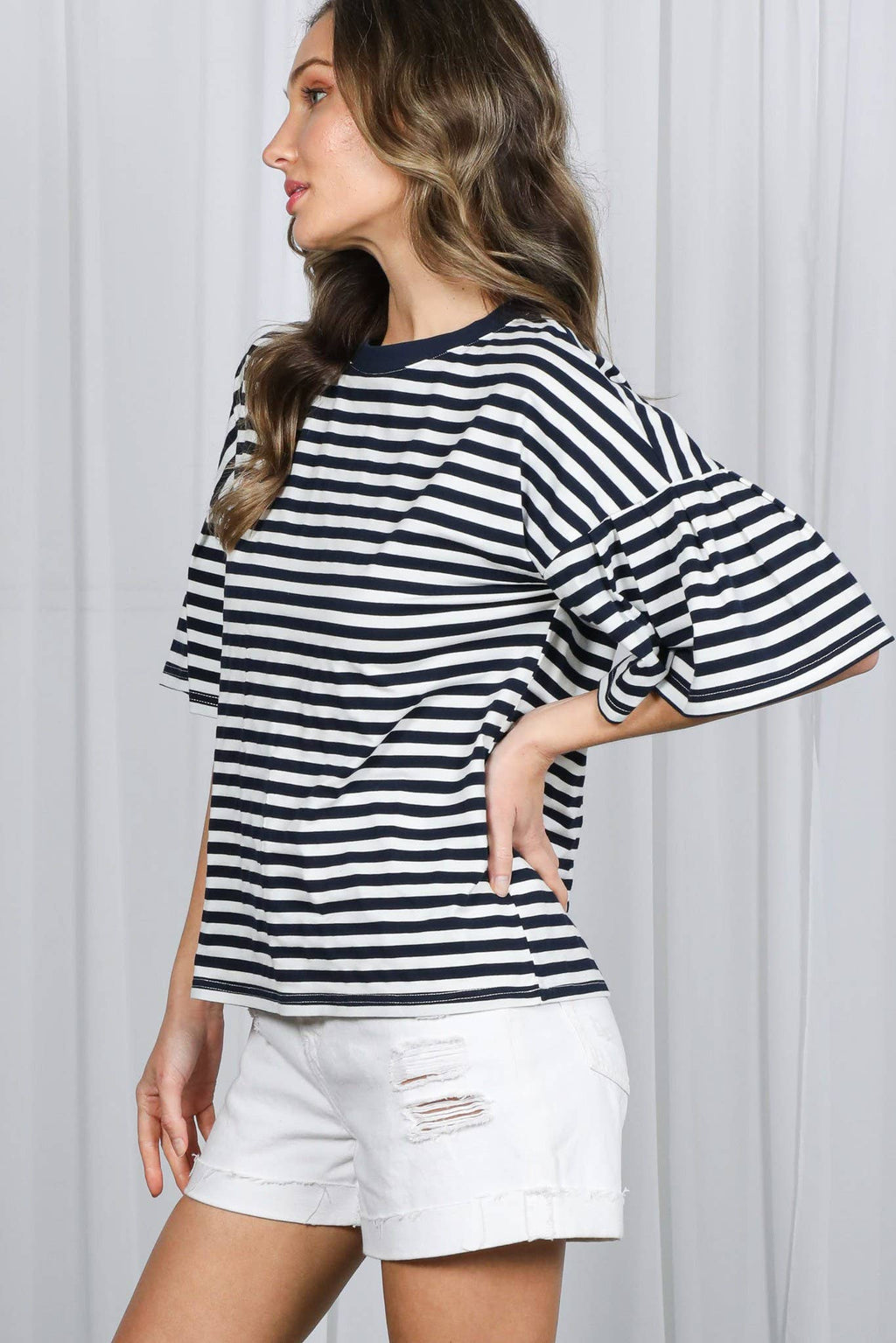 Pleated Flutter Sleeve Crew Neck Striped Knit Top: Navy