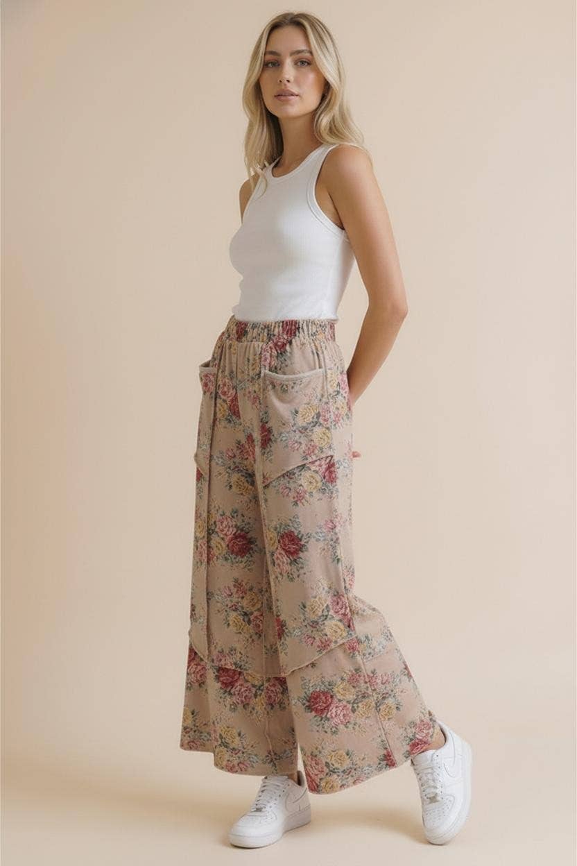 Elastic Waist Wide Leg Vintage Floral Pant: Oatmeal
