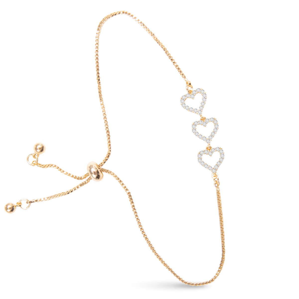 Triple Heart CZ Pull Cord Bracelet  -  Gold