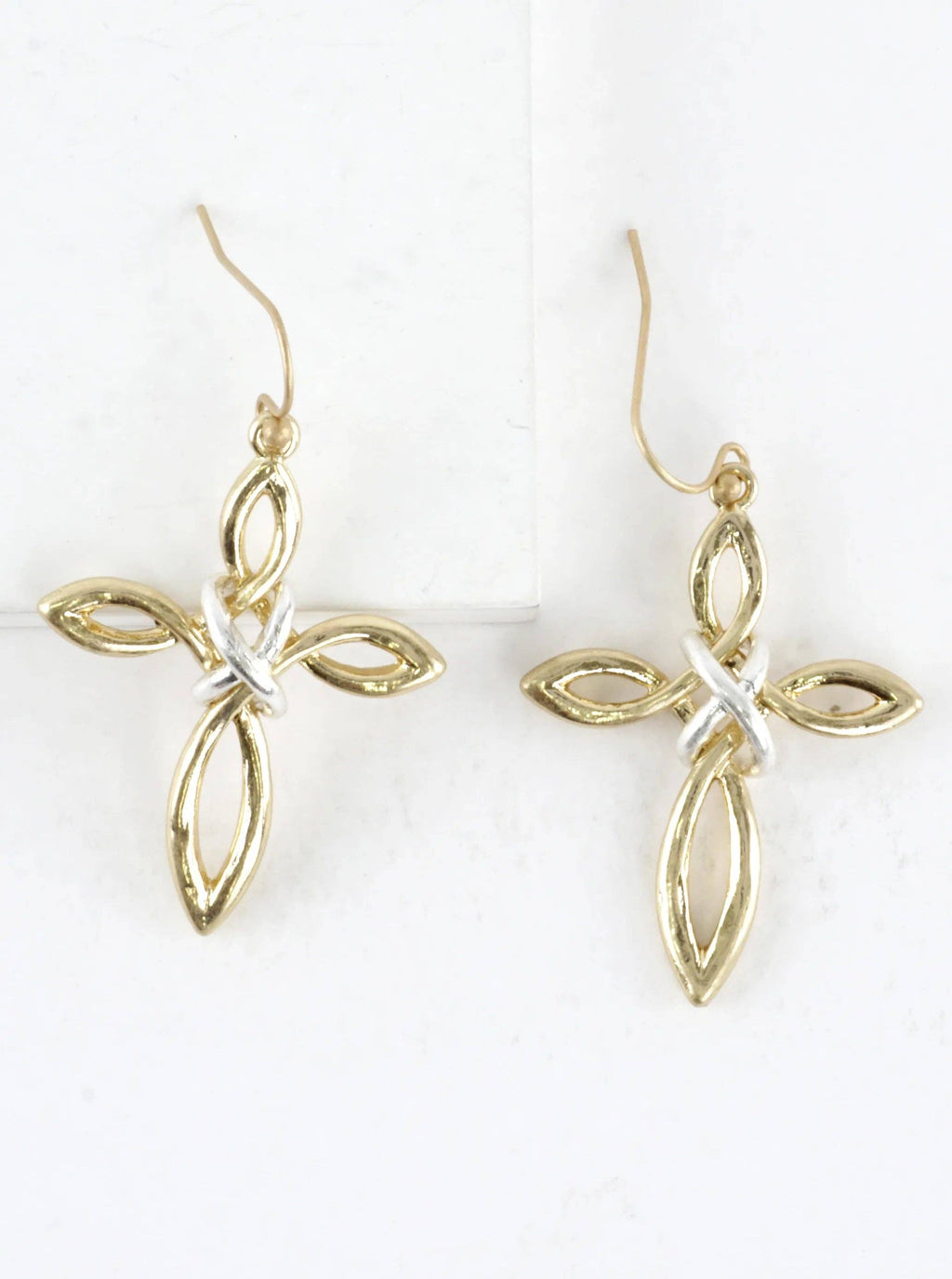2 Tone Infinity Knot Cross Drop Earrings: Worn Gold Silver